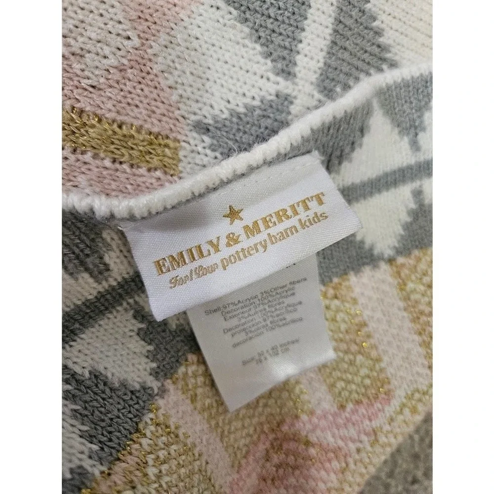 Emily & Meritt Pottery Barn Kids Pink Gold Metallic Geometric Pom Pom Blanket